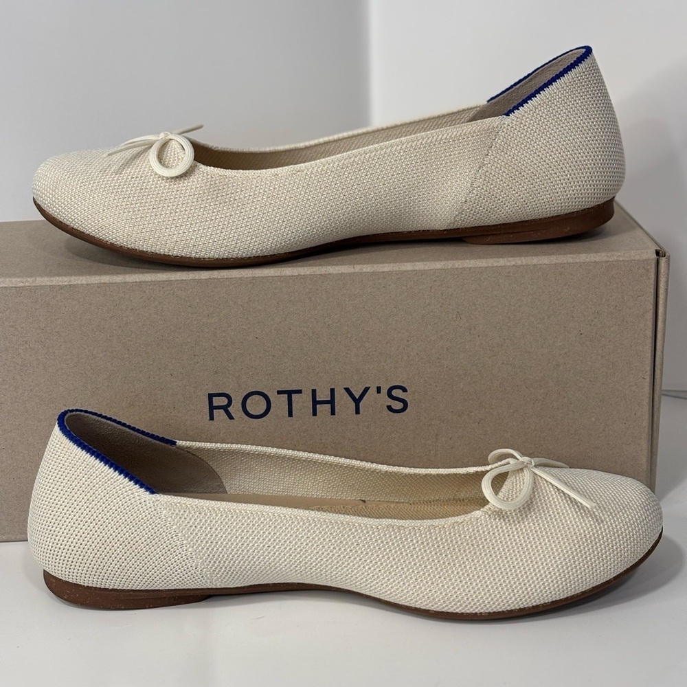 Rothy's The Ballet Flat  GARDENIA Cream and Blue line Loafers size 8.5